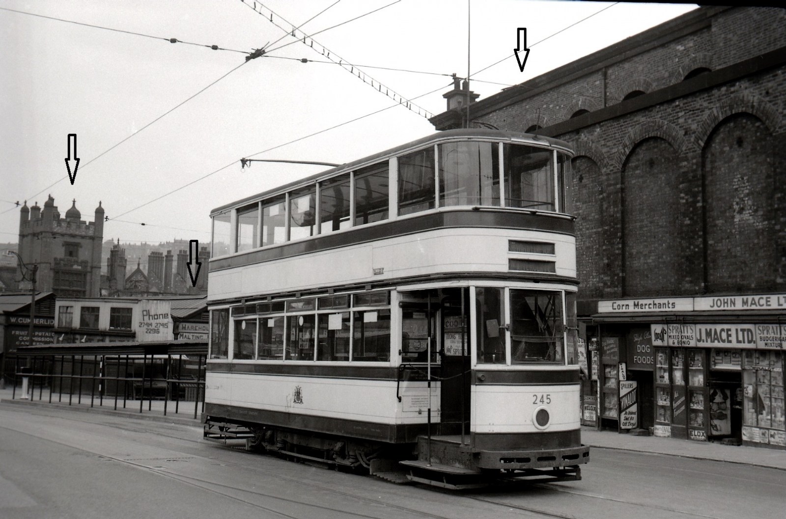 PT284-Sheffield Transport No.245 at Exchange Street, adjoining Castlefolds Market, Sheffield-08-02-1958.jpg