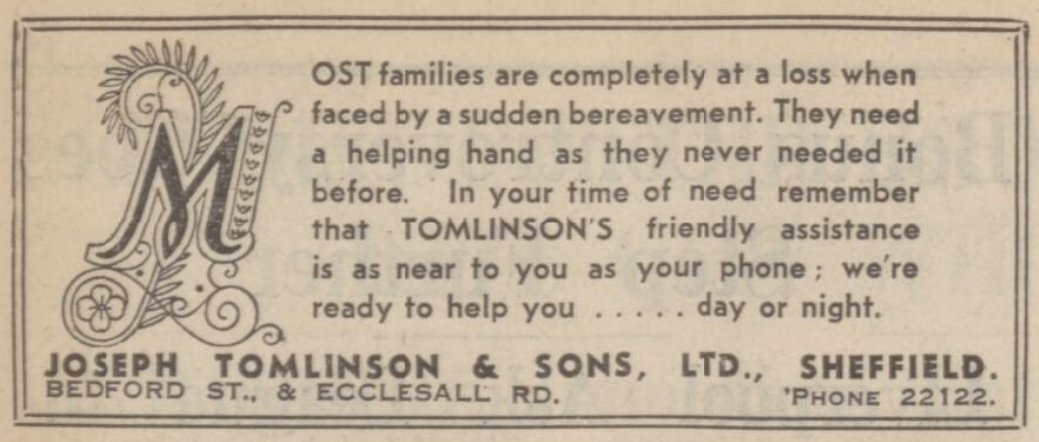 Joseph Tomlinson & Sons Ltd. advert 1939